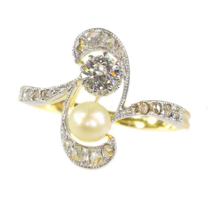 Original Art Nouveau diamond and pearl engagement ring by Artiste Inconnu