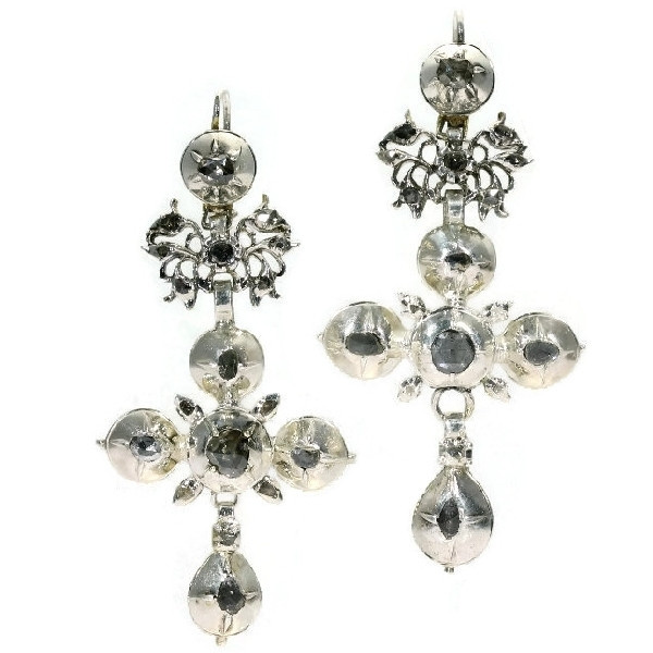 Rare Flemish cross earrings gold backed silver pendants with rose cut diamonds by Artista Sconosciuto