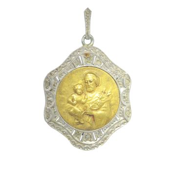 Vintage 1910's Edwardian 18K gold pendant set with diamonds St. Anthony of Padua depicted holding the Child Jesus medal by Artiste Inconnu