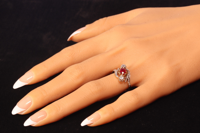 Vintage French Belle Epoque diamond and natural ruby cross-over engagement ring by Artiste Inconnu
