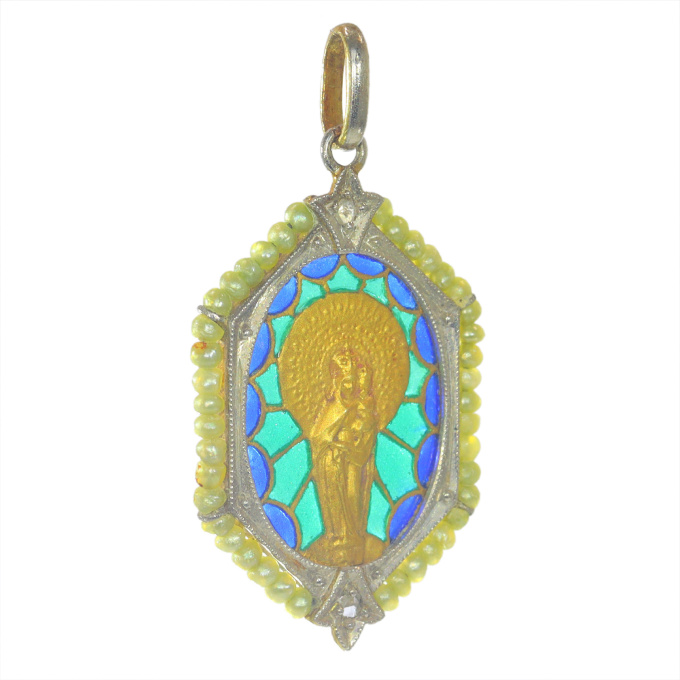 Vintage antique 18K gold Mother Maria and baby Jesus medal with diamonds and plique-a-jour enamel by Artista Sconosciuto