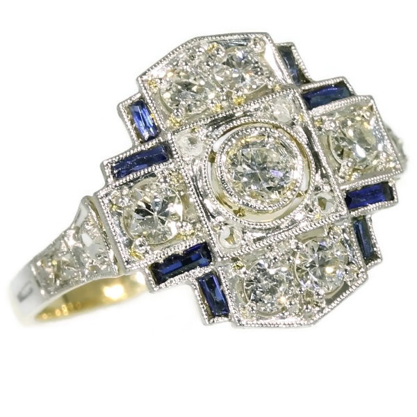 Art Deco engagement ring with diamonds and sapphires by Unknown artist