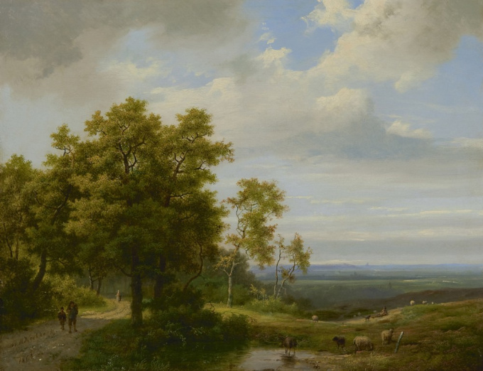 Land folk on a wooded path by Marinus Adrianus I Koekkoek