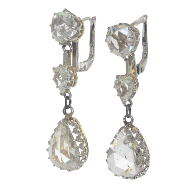 Vintage 1920's Belle Epoque / Art Deco long pendant earrings with very large pear shaped rose cut diamonds by Artista Desconhecido