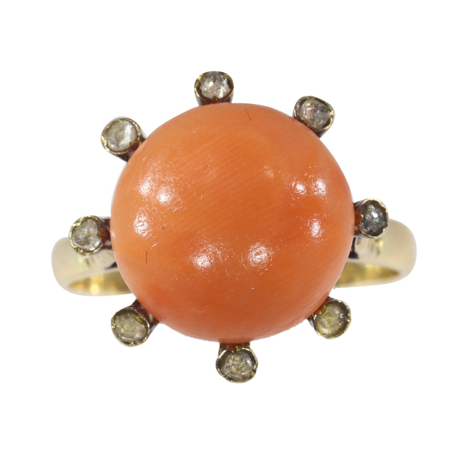 Vintage antique ring with rose cut diamonds and large blood coral by Unknown Artist