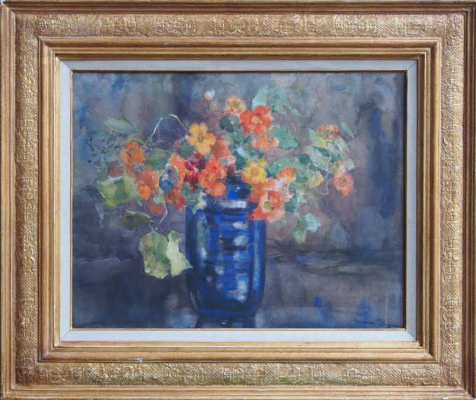 Flower still life of a nasturtium in a blue vase by Herman Bogman jr.