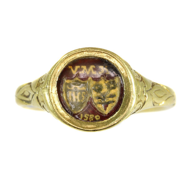 Renaissance brotherhood ring with two coat of arms behind transparant window by Unknown artist
