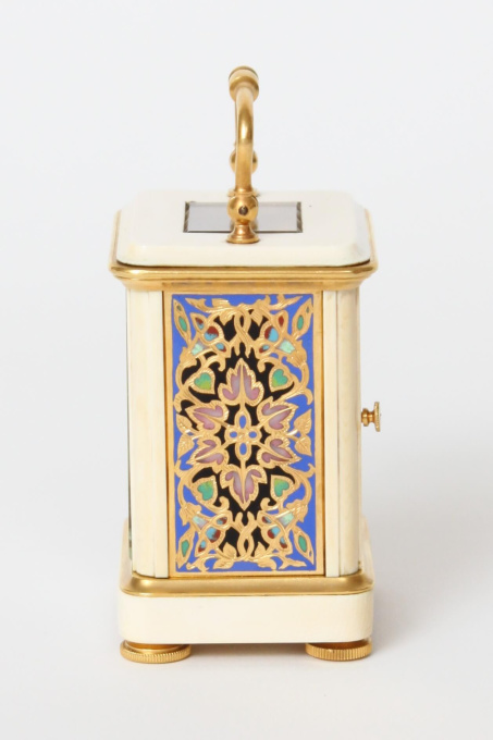 A miniature French cloisonne and ivory carriage timepiece, circa 1880 by Unknown artist