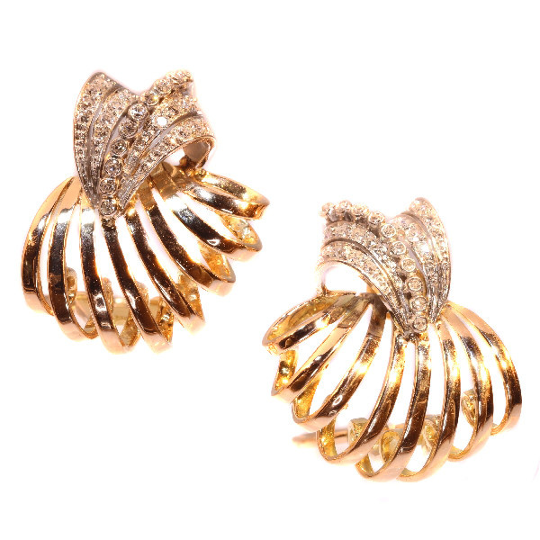 Enchanting Vintage Fifties Diamond Ear Clips Pink Gold And Platinum by Artista Sconosciuto