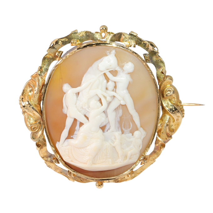 Vintage antique cameo brooch in gold mounting depticting the famous sculpture The Farnese Bull"" by Artiste Inconnu