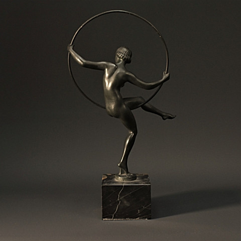 Art Deco Bronze Nude Hoop Dancer by Andre Marcel Bouraine (Briand), 1930, France by Marcel Andre Bouraine
