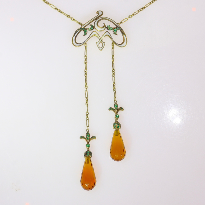 French Art Nouveau enameled necklace with emeralds and citrine briolettes by Unknown artist