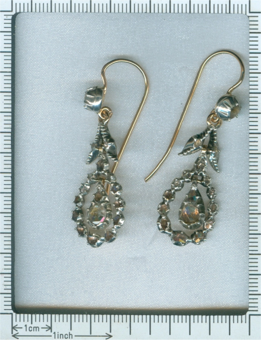 Late Georgian rose cut diamond long pendent earrings by Unknown Artist