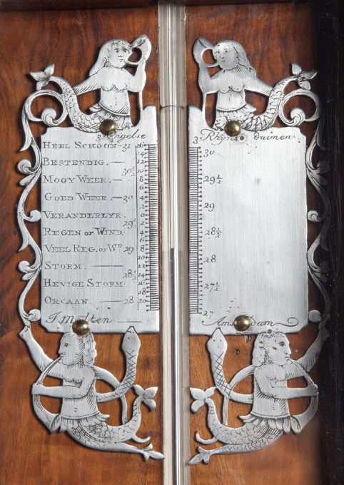 A Dutch walnut barometer signed J. Molten Amsterdam by Joseph Molten
