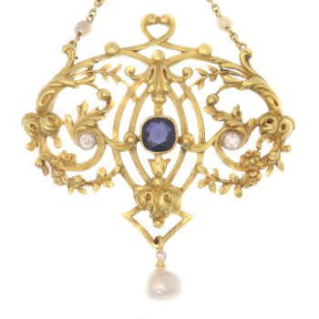 Late Victorian French gold pendant on chain with diamonds sapphires and pearls by Artista Desconocido