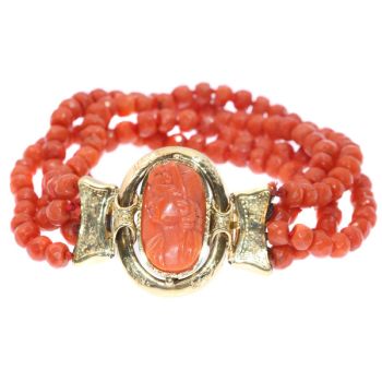 Antique Victorian coral cameo bracelet with faceted coral beads by Unknown Artist