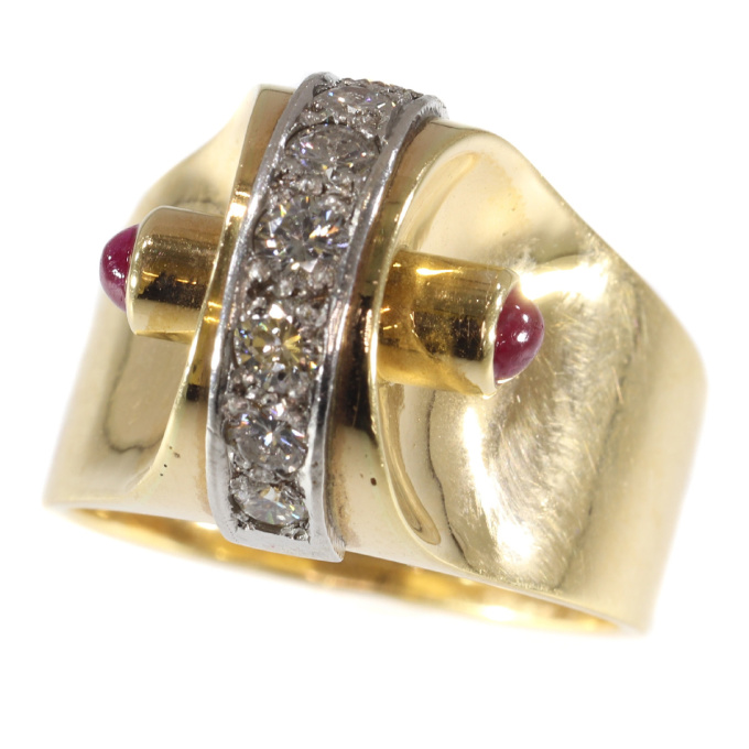 Extrovert and stylish red gold vintage Art Retro ring with diamonds and rubies by Artiste Inconnu