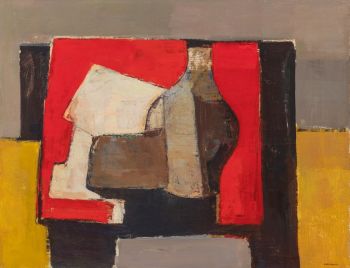 Still life on a red table by Kagie Jan