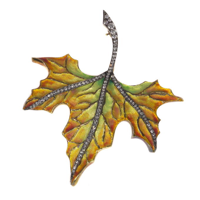 Vintage autumn leaf brooch enameled and with diamonds by Artiste Inconnu