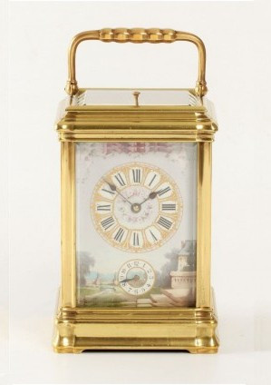 A French porcelain mounted gilt carriage clock,circa 1880 by Onbekende Kunstenaar