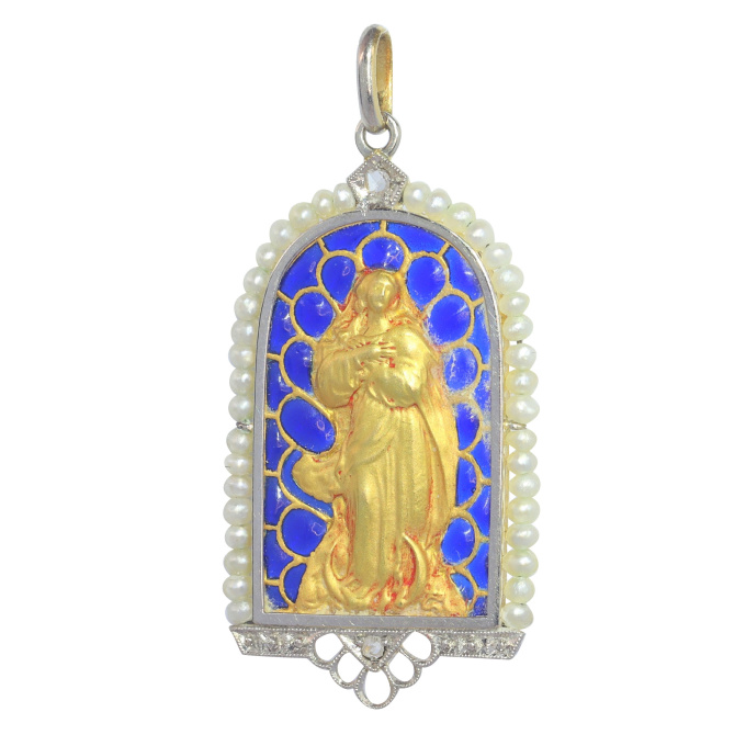 Vintage antique 18K gold pendant Mother Mary medal with diamonds and plique-a-jour enamel by Artiste Inconnu