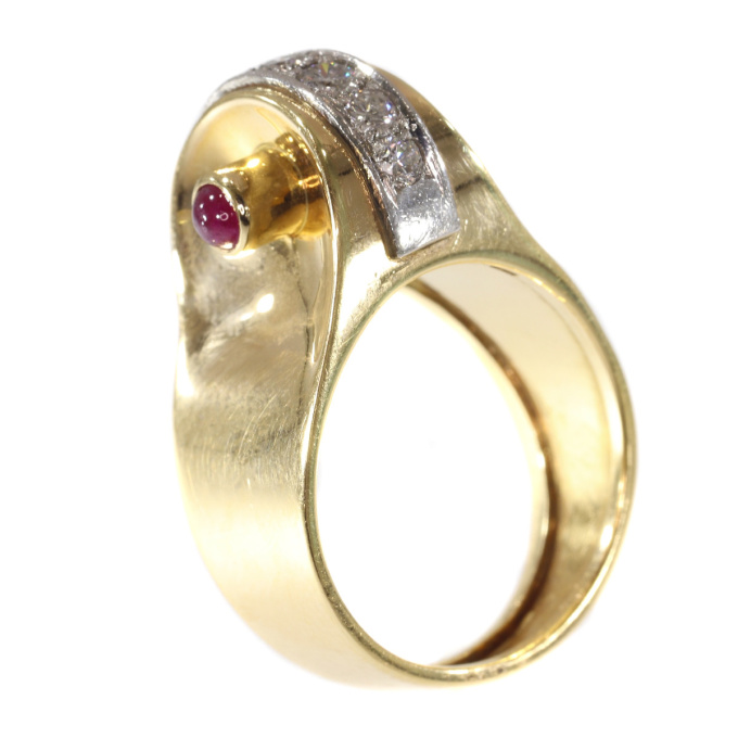 Extrovert and stylish red gold vintage Art Retro ring with diamonds and rubies by Artiste Inconnu