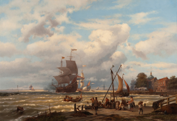 A V.O.C. merchant ship in the roads of Dordrecht  by Johannes Hermanus Koekkoek