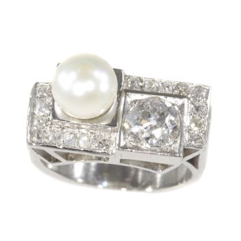 Vintage platinum diamond and pearl Art Deco ring by Unknown Artist