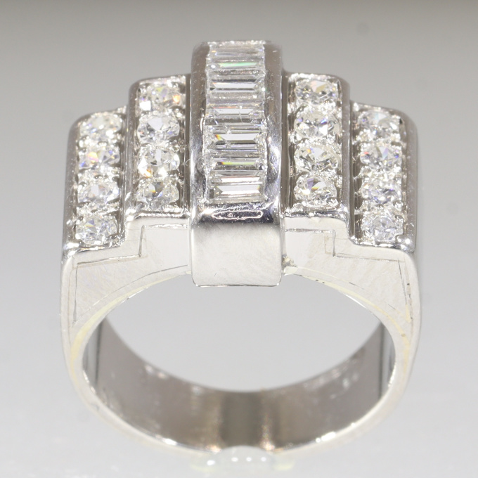 Vintage French strong design Art Deco diamond platinum ring by Unknown artist