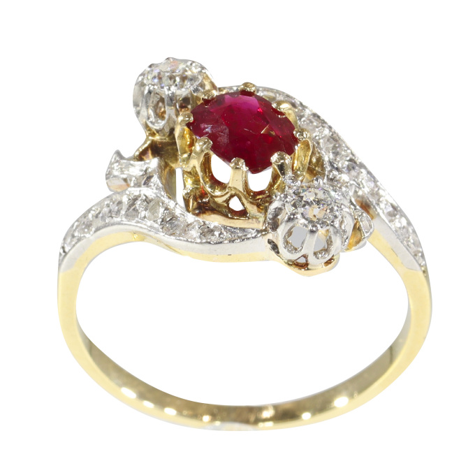 Vintage French Belle Epoque diamond and natural ruby cross-over engagement ring by Unknown artist