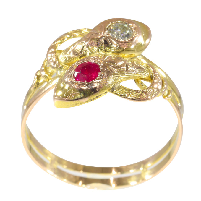 Vintage antique 18K gold snake ring with diamond and ruby by Unknown Artist
