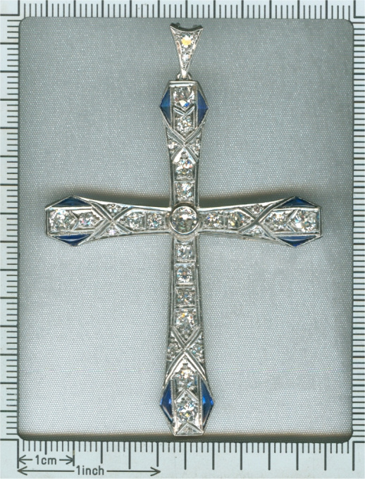Art Deco platinum diamond and sapphire cross by Unknown Artist
