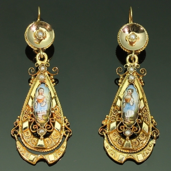 Gold Biedermeier earrings long pendant Victorian earrings with enamel by Artista Desconocido