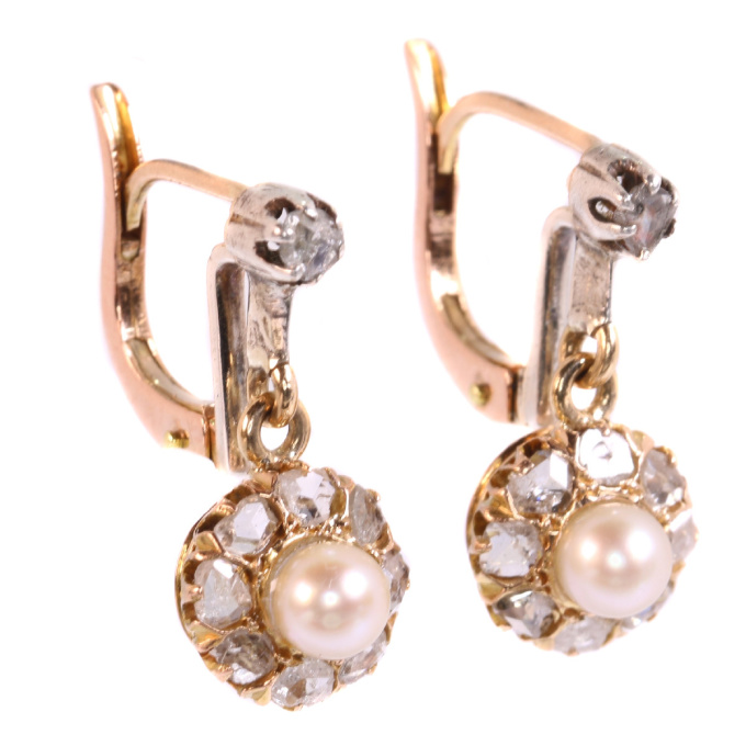 Vintage antique late Victorian earrings with rose cut diamonds and pearls by Unknown Artist