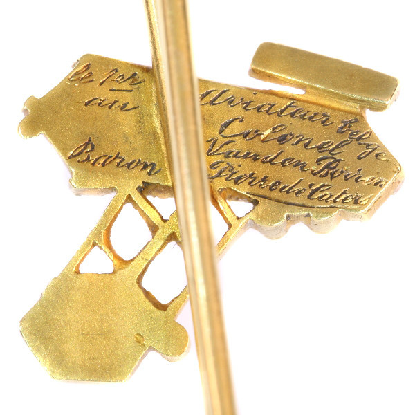 Unique gold diamond aviation brooch commemorating Belgium's first manned motorized flight by Unknown artist