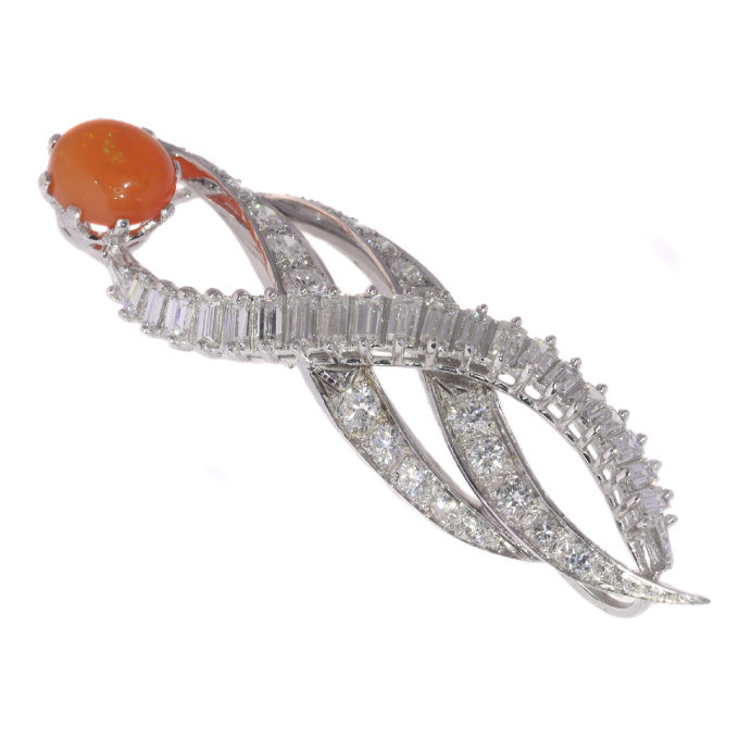 Vintage 1960's burning flame pendant with fire opal and diamonds by Artiste Inconnu