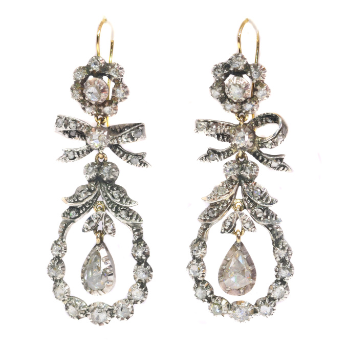 Antique 19th Century long pendent chandelier diamond earrings by Artista Desconocido
