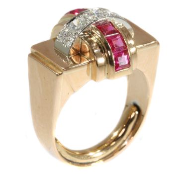 Stylish Retro red gold Cocktail ring with diamonds and rubies by Unknown Artist