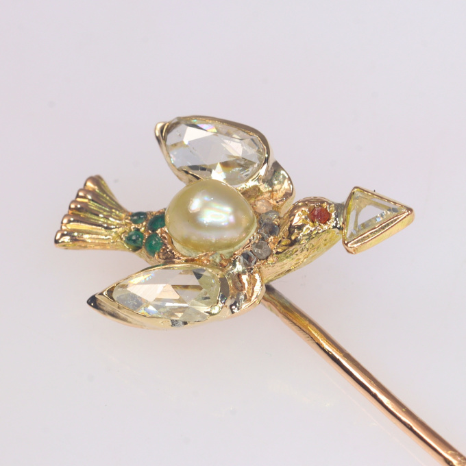 Antique stick pin flying dove with diamonds by Artiste Inconnu