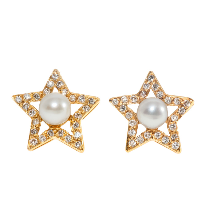 Gold Star Studs with Diamonds and Pearls by Artista Sconosciuto