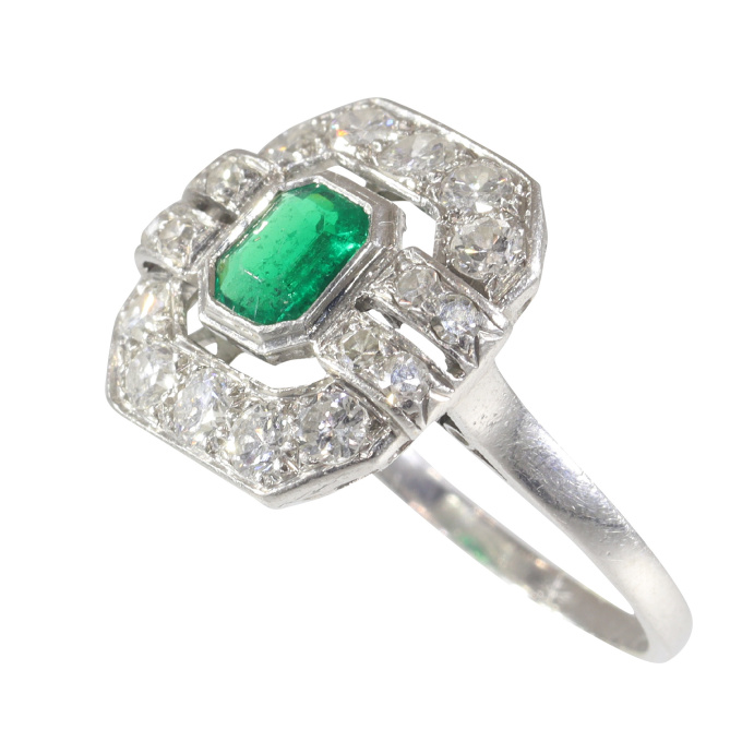 French estate engagement ring platinum diamonds and Brasilian emerald by Artiste Inconnu