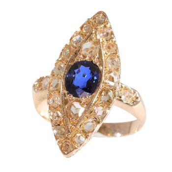Vintage antique diamond marquise shaped ring with natural sapphire by Unknown artist