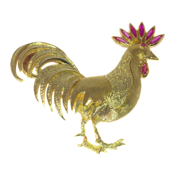 Vintage Fifties 18K gold brooch rooster with ruby comb by Artiste Inconnu