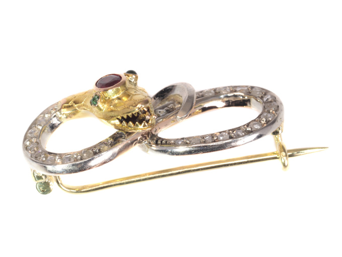 Victorian gold serpent pin set with diamonds curled snake brooch by Unknown Artist