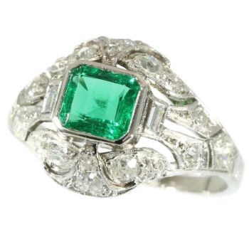 Platinum estate diamond engagement ring with truly magnificent Colombian emerald by Unknown Artist