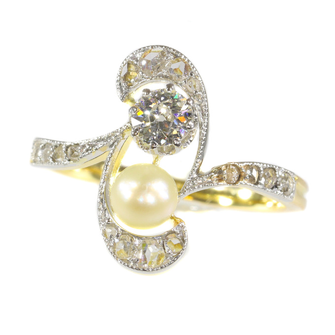 Original Art Nouveau diamond and pearl engagement ring by Artiste Inconnu