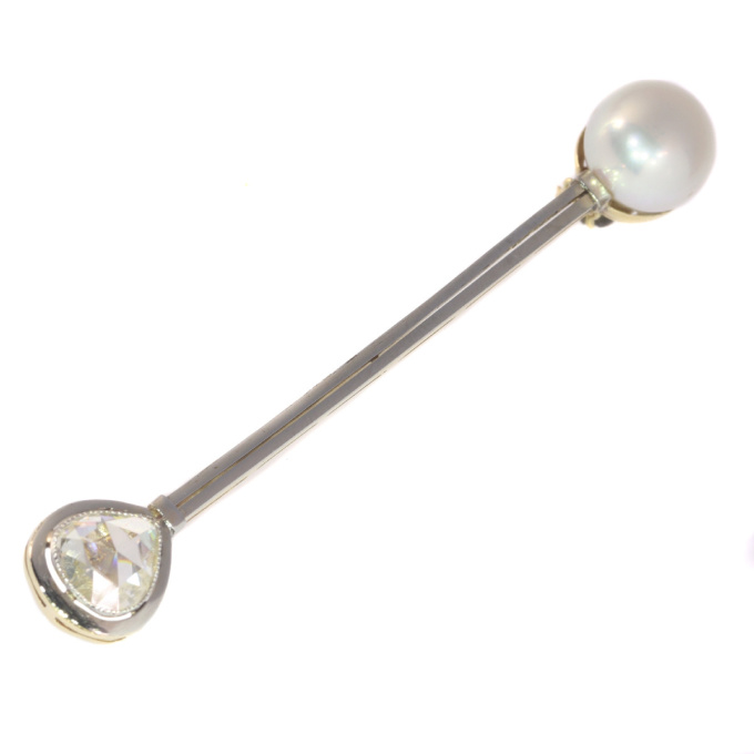 High quality Art Deco pin with large natural pearl and large rose cut diamond by Unknown Artist