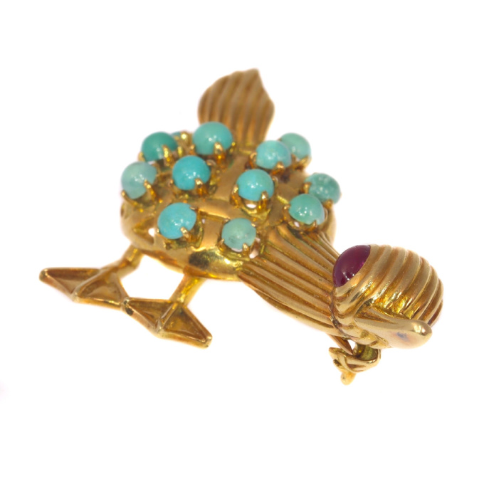 Vintage Fifties comical duck brooche with turquoises and ruby by Artista Sconosciuto