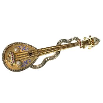 Russian antique brooch mandoline or domra with rose cut diamonds and enamel by Unknown Artist