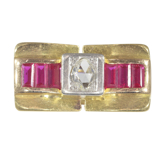 Vintage Forties Retro diamond and ruby so-called bow ring by Onbekende Kunstenaar